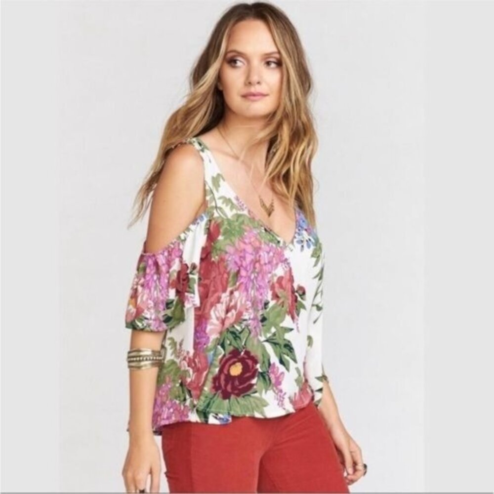 Show Me‎ Your Mumu white floral hazel ruffle cold shoulder top blouse S